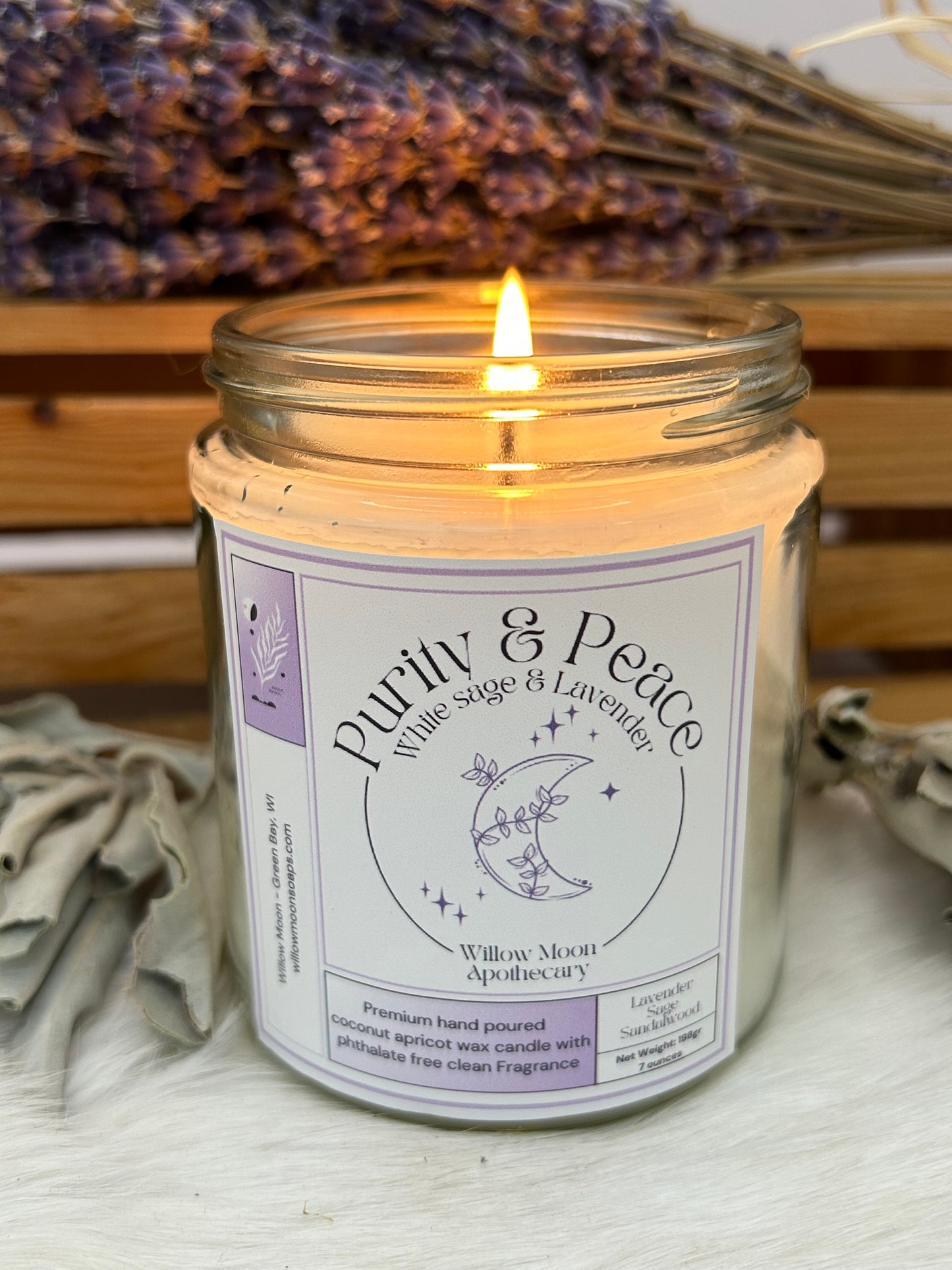 Purity and Peace/ White sage and Lavender Coconut Apricot wax Phthalate free candle / 7.5 oz