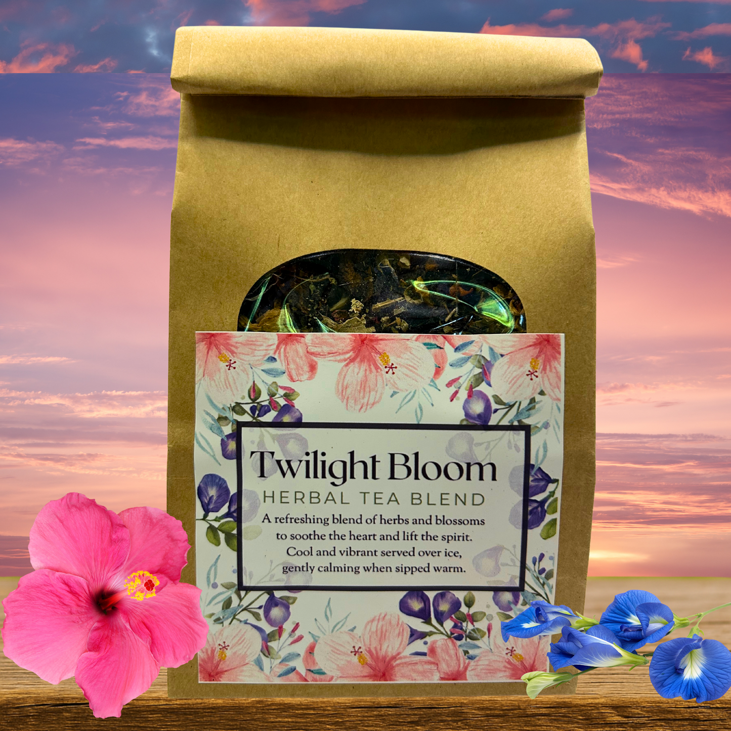 Herbal tea blend package labeled 'Twilight Bloom' with flowers on a colorful background