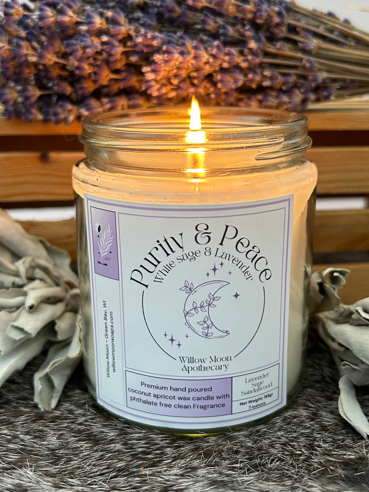 Purity and Peace/ White sage and Lavender Coconut Apricot wax Phthalate free candle / 7.5 oz