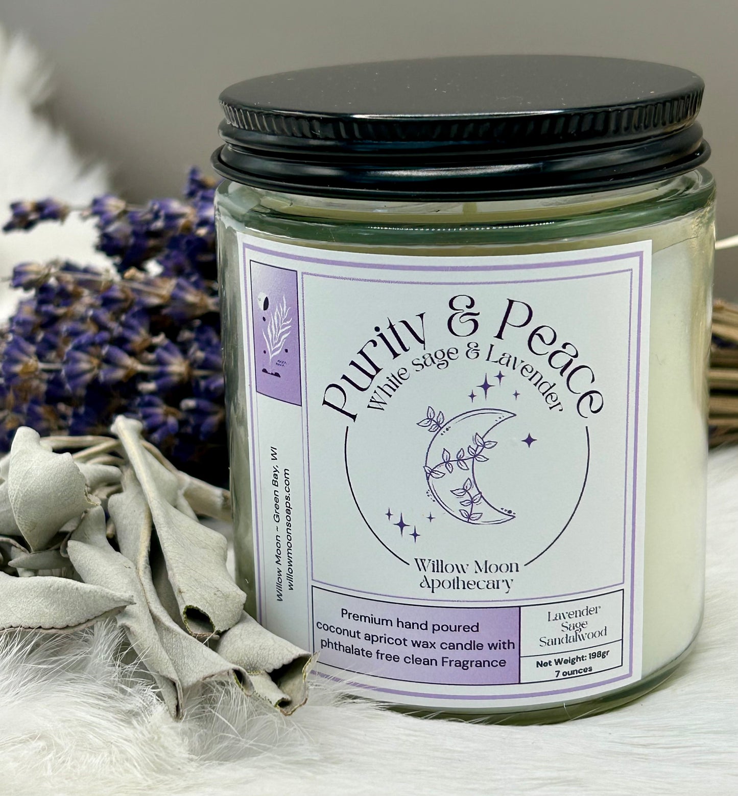 Purity and Peace/ White sage and Lavender Coconut Apricot wax Phthalate free candle / 7.5 oz