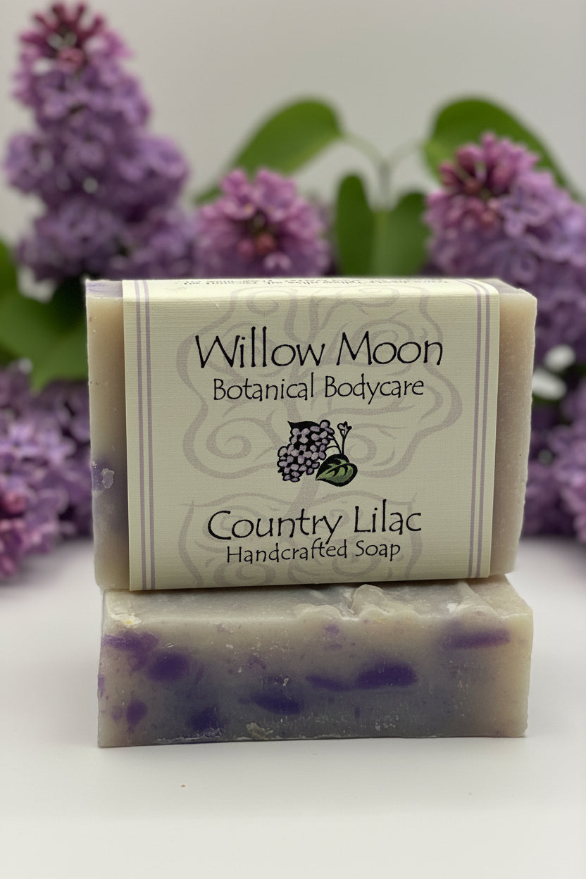 Bar of soap with 'Willow Moon Botanical Bodycare' packaging on a white background