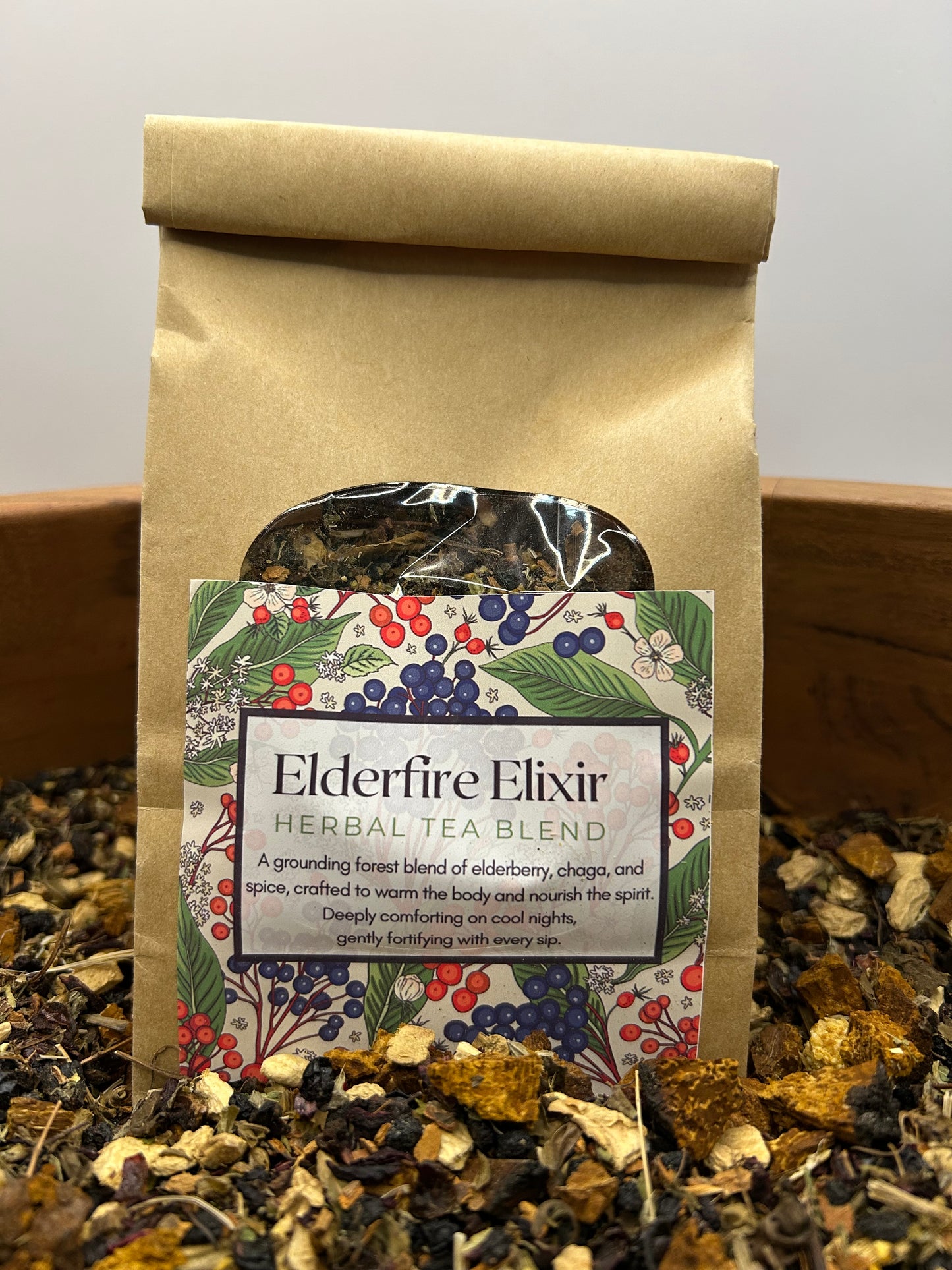 Elderfire Elixir Herbal Tea – Chaga, Elderberry, and Rosehip Seasonal Blend