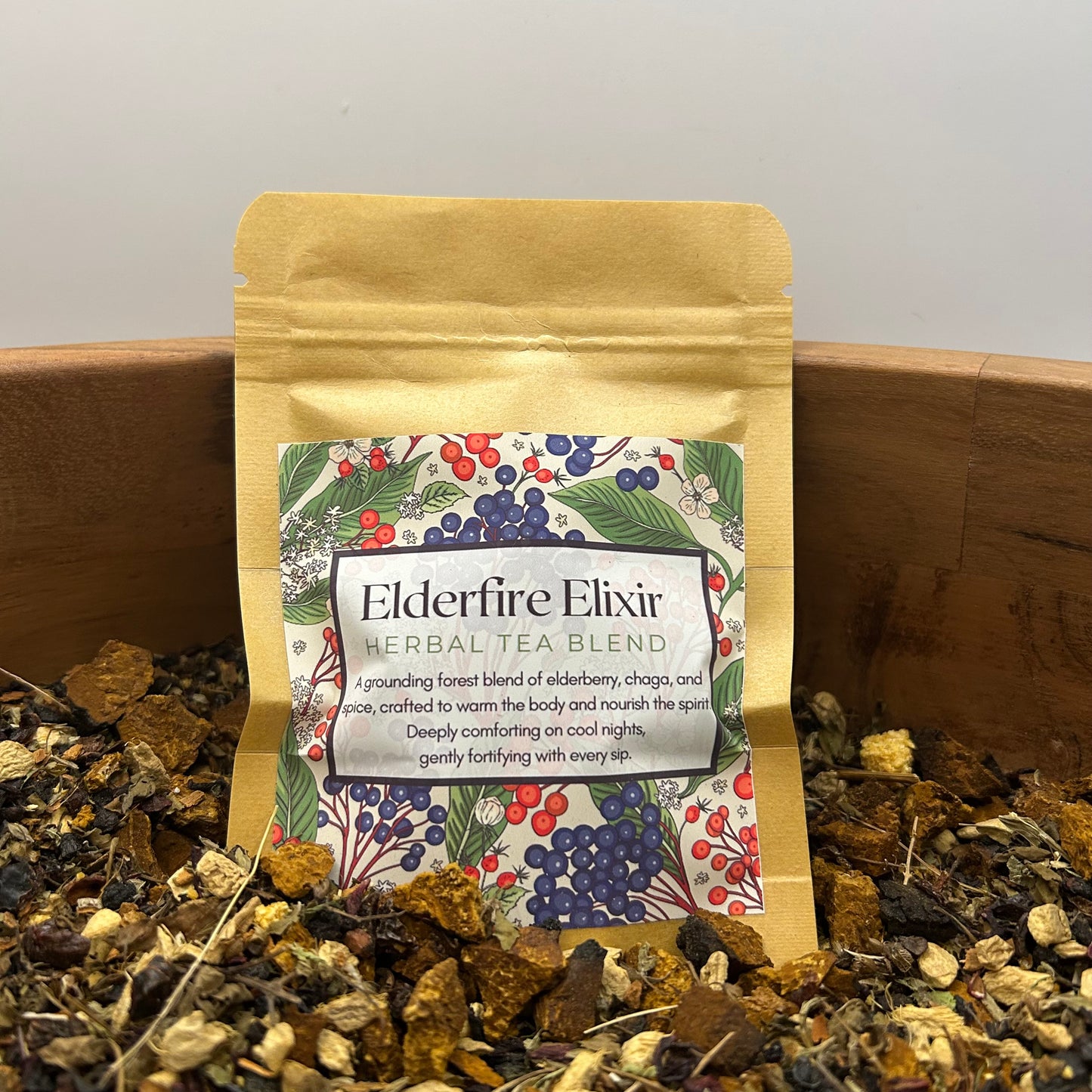 Elderfire Elixir Herbal Tea – Chaga, Elderberry, and Rosehip Seasonal Blend