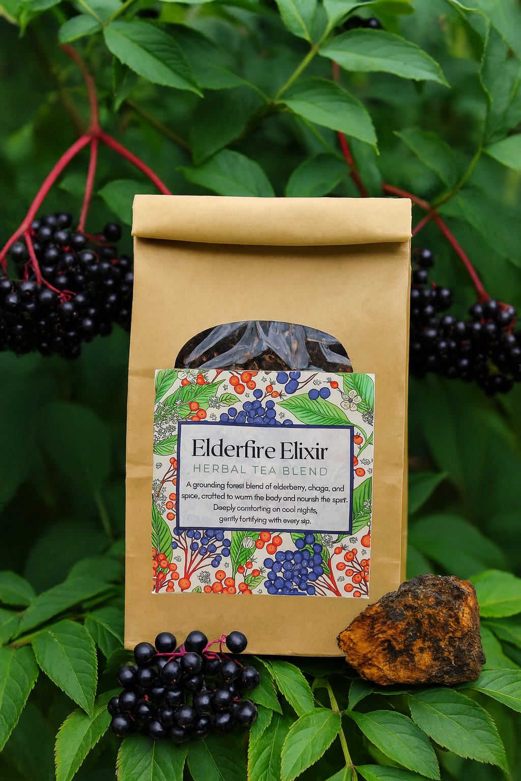 Elderfire Elixir Herbal Tea – Chaga, Elderberry, and Rosehip Seasonal Blend