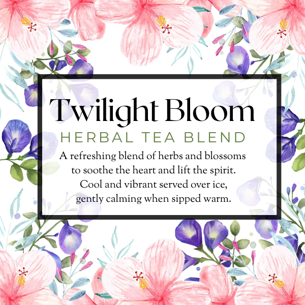 Tea blend packaging with floral design and product description text.
