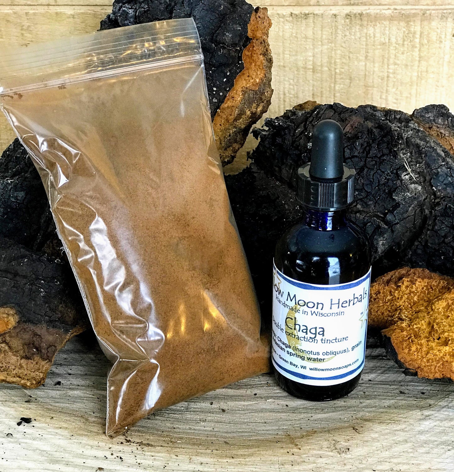 Wildcrafted Chaga Mushroom Tincture & Finely Ground Chaga Powder - Double Extract