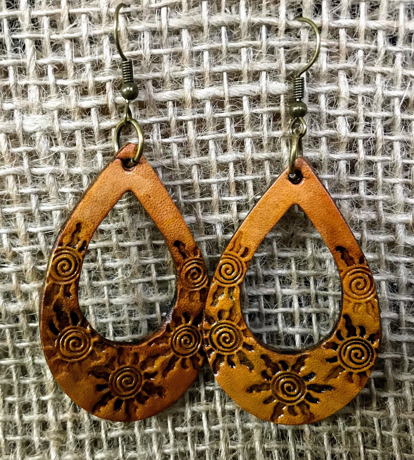 Hand tooled Leather Sun drop boho earrings / Willow Moon