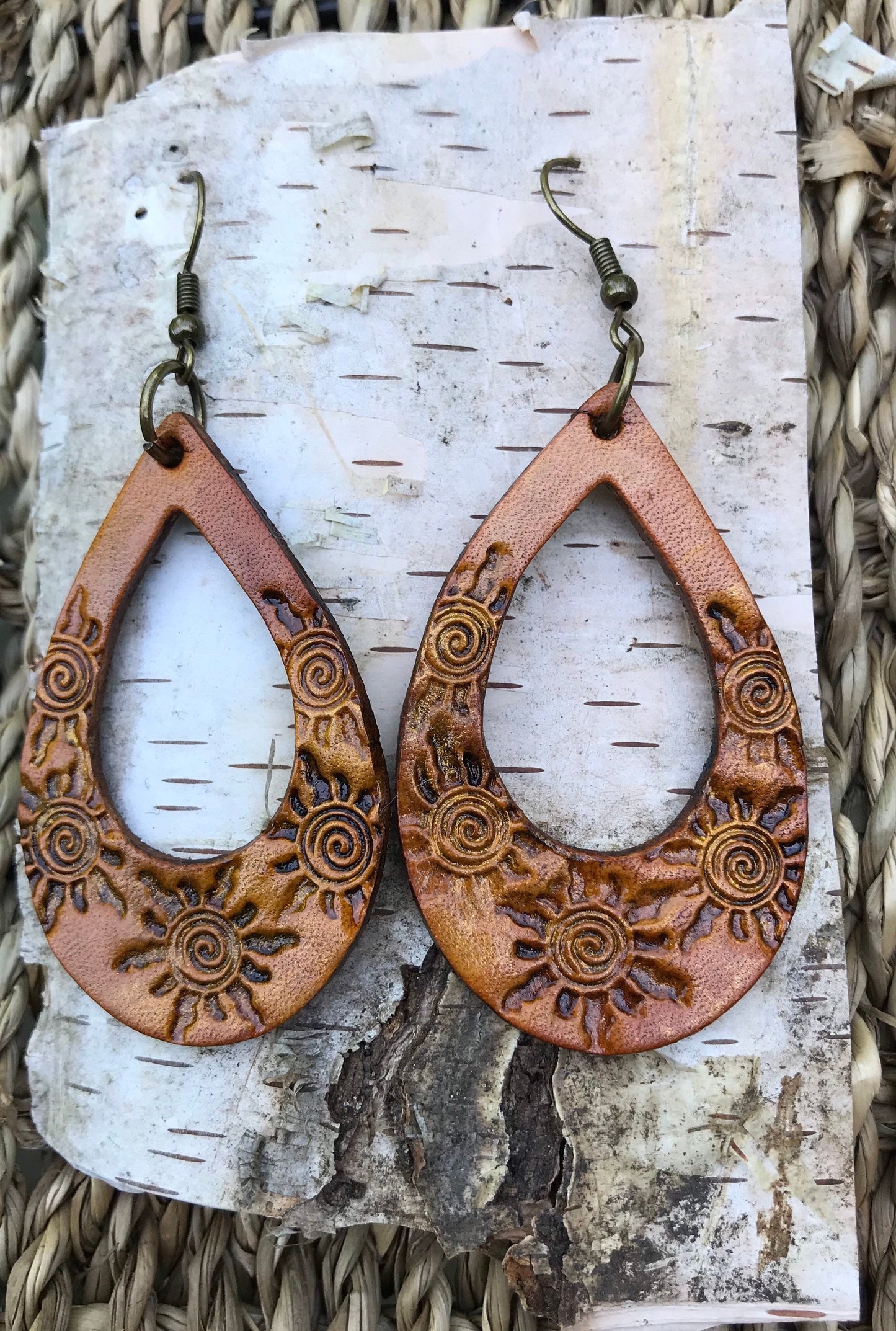 Hand tooled Leather Sun drop boho earrings / Willow Moon