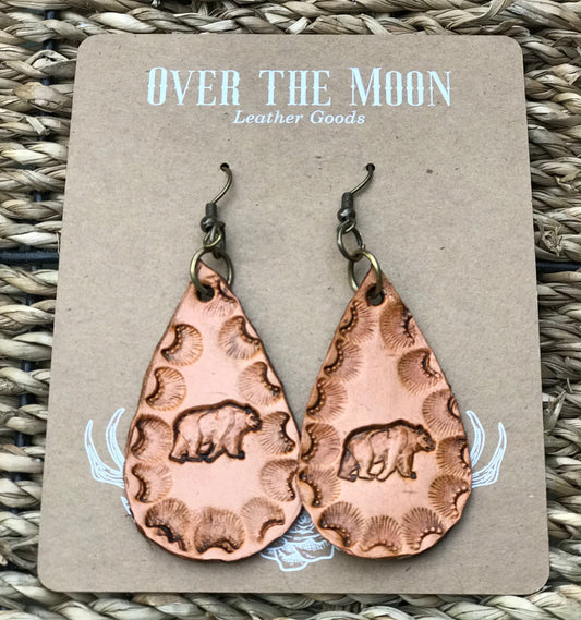 Hand tooled Leather tear drop earrings, Bear