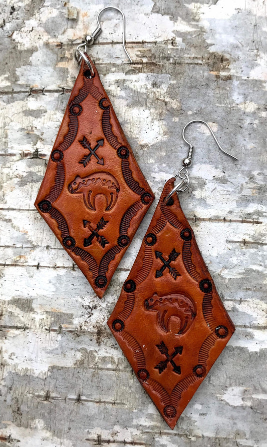 Hand tooled Bear & Arrow Leather drop earrings /Willow Moon