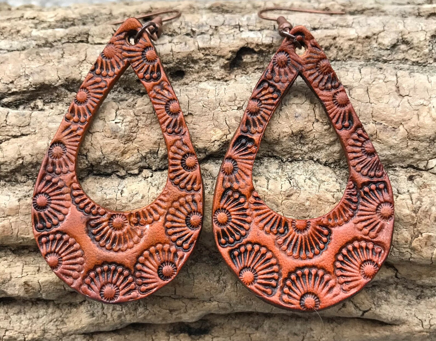Hand tooled leather earrings, lightweight earrings