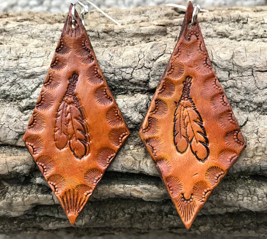 Hand tooled Feather Leather drop earrings, boho /Willow Moon