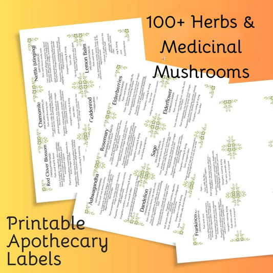 Herbal Apothecary jar Labels: 117 herbs, mushrooms, resins. Properties, actions, uses etc. (Instant Download PDF)