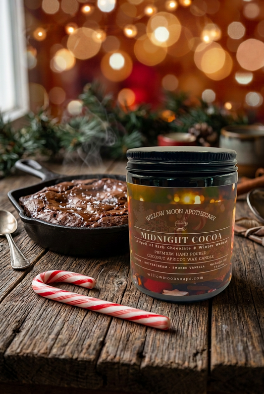 Candle jar labeled 'Midnight Cocoa' from Willow Moon Apothecary on a wooden surface with a warm, blurred background.