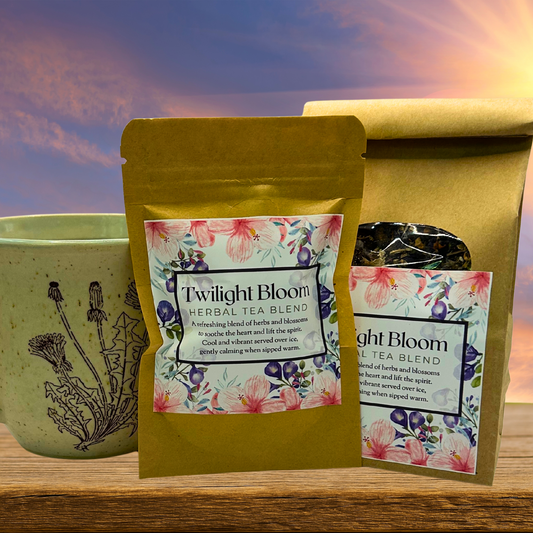 Two packages of 'Twilight Bloom' herbal tea blend with a mug in the background.