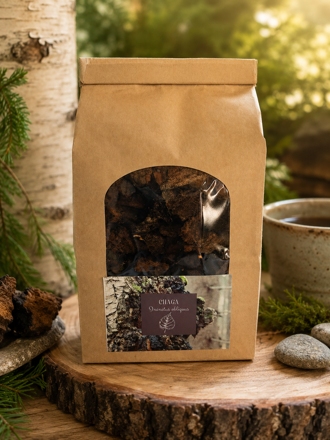 Chaga mushroom chunks for making teas, tinctures /, Inonotus obliquus, ethically wild harvested