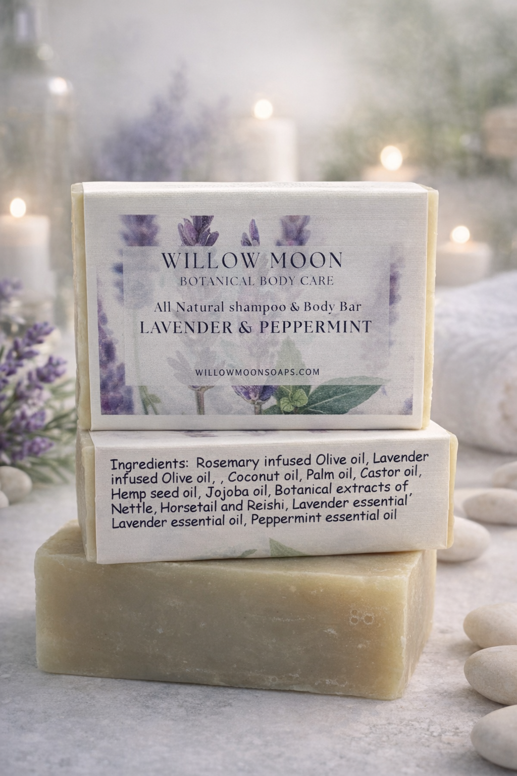 Willow Moon botanical body care bar with lavender and peppermint on a neutral background