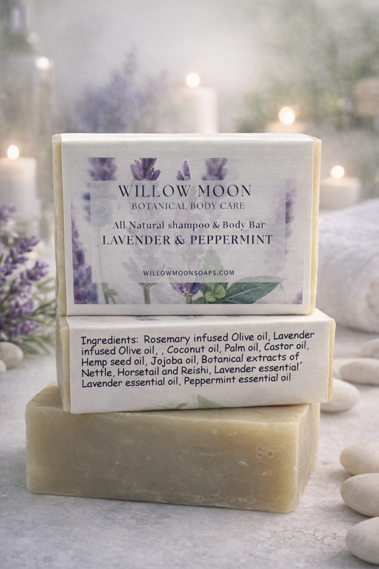 Willow Moon botanical body care bar with lavender and peppermint on a neutral background