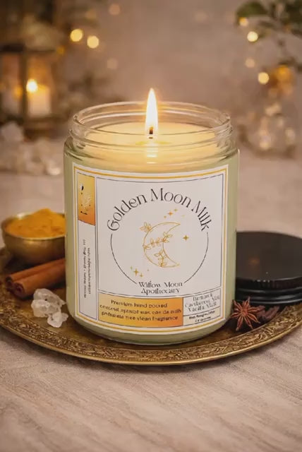 golden moon milk candle burning