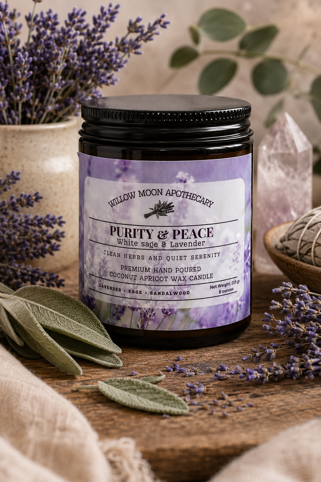 Purity and Peace/ White sage and Lavender Coconut Apricot wax Phthalate free candle / 7.5 oz