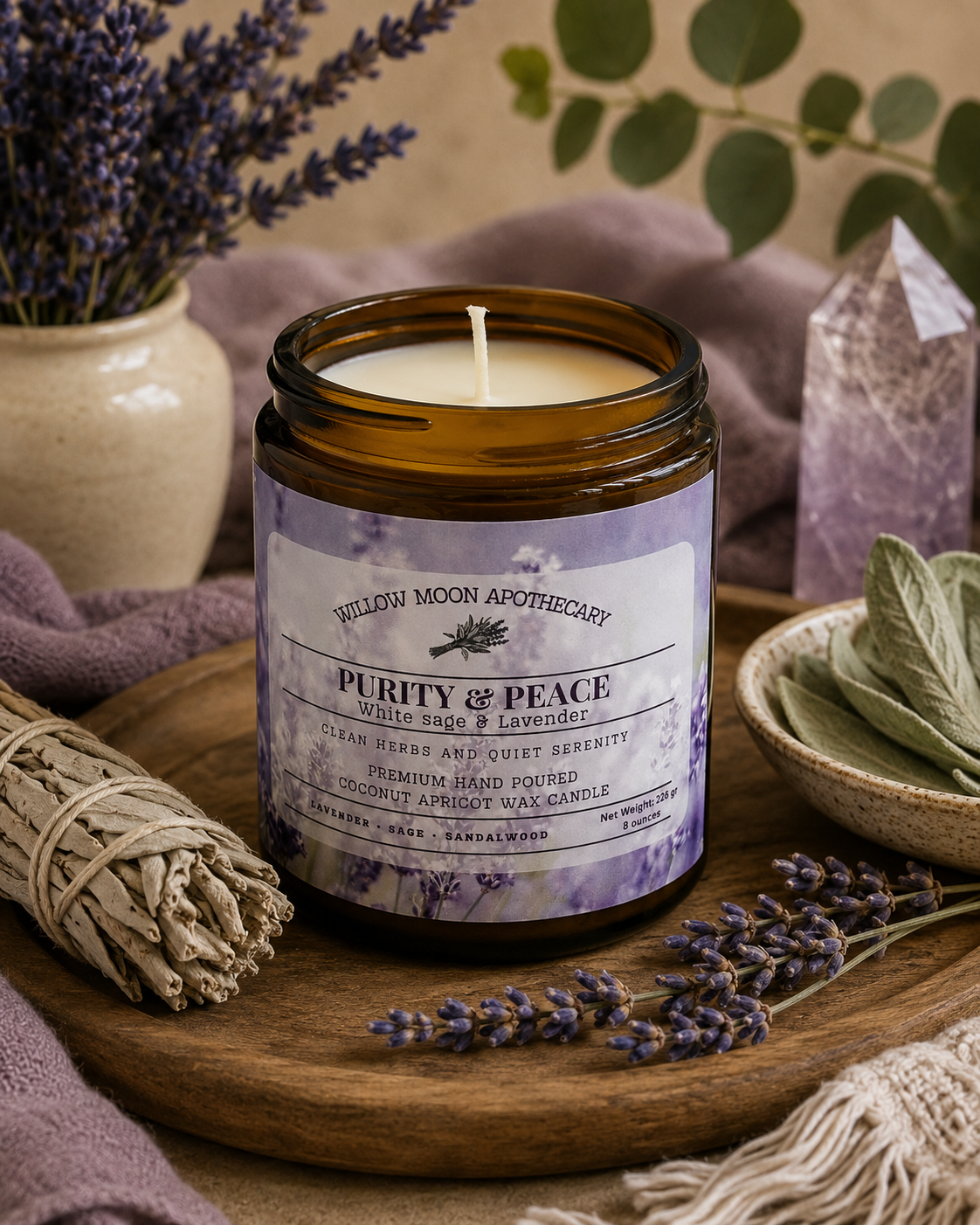 Purity and Peace/ White sage and Lavender Coconut Apricot wax Phthalate free candle / 7.5 oz