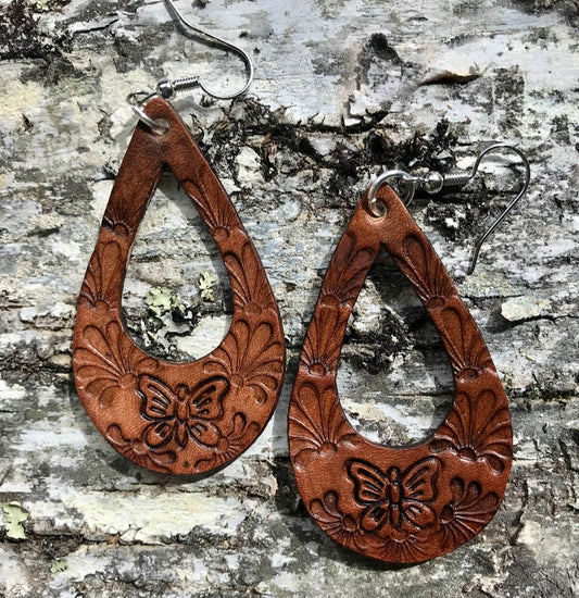 Hand tooled Leather butterfly drop boho earrings / Willow Moon