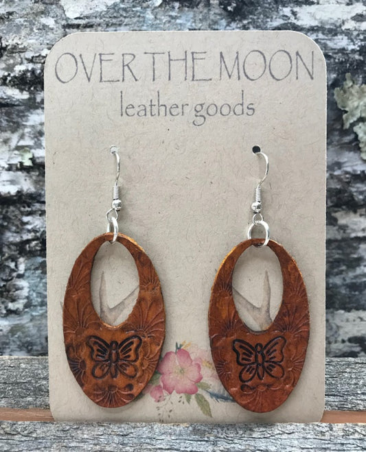 Hand tooled Leather butterfly drop boho earrings / Willow Moon
