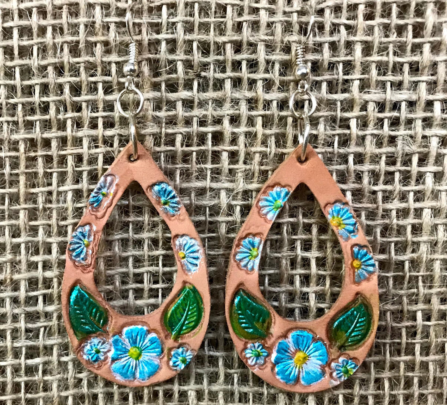 Hand tooled floral painted Leather earrings / Willow Moon