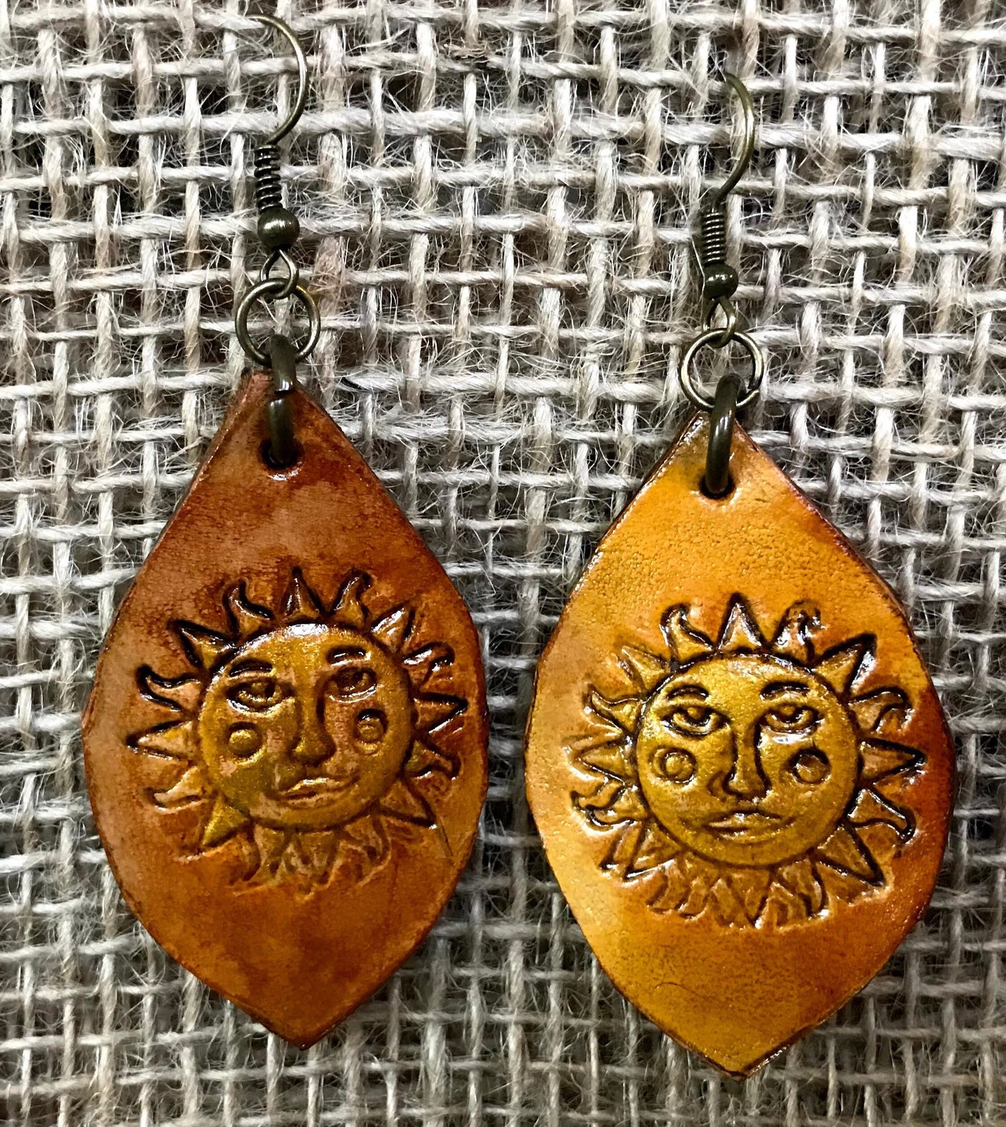 Hand tooled Leather boho sun earrings / Willow Moon
