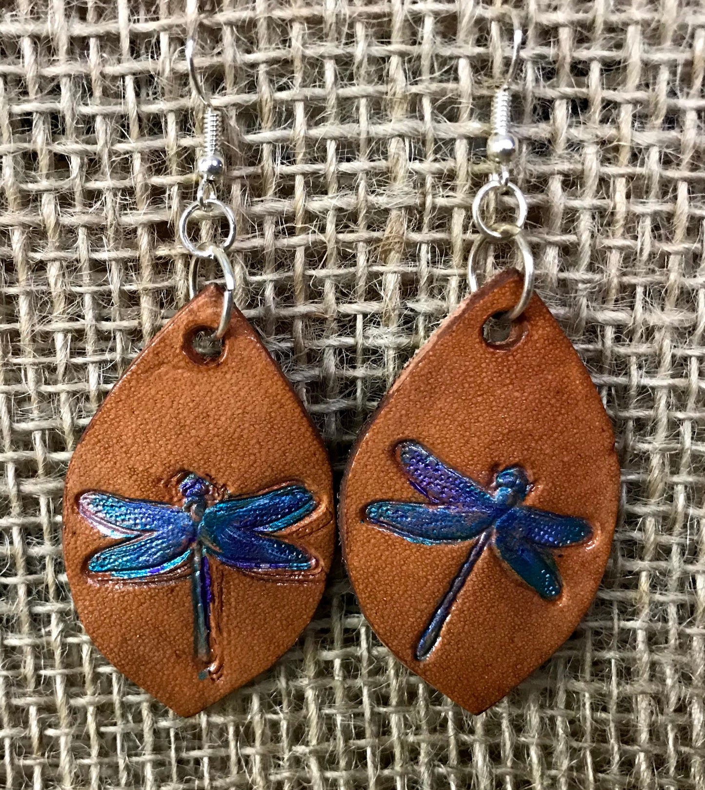 Hand tooled Leather dragonfly drop earrings