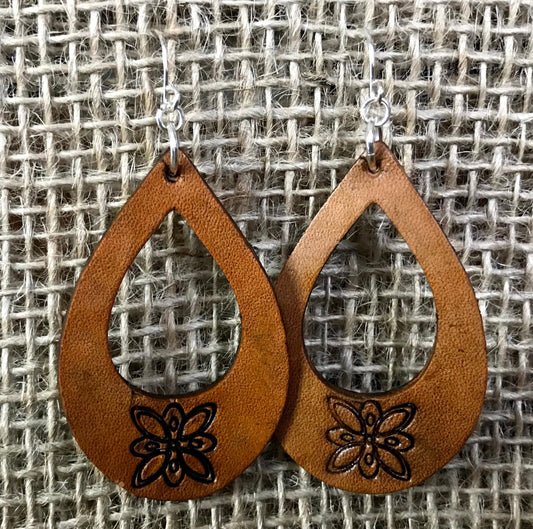 Hand tooled Leather floral drop earrings