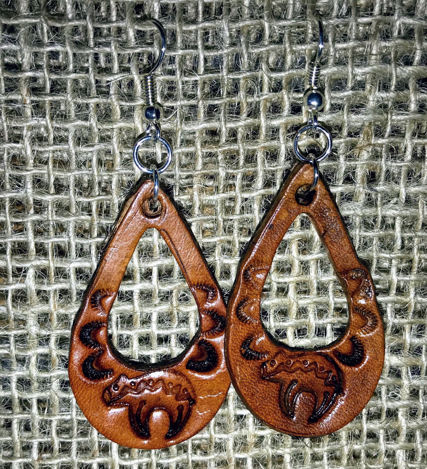 Hand tooled Leather bear earrings, / Willow Moon