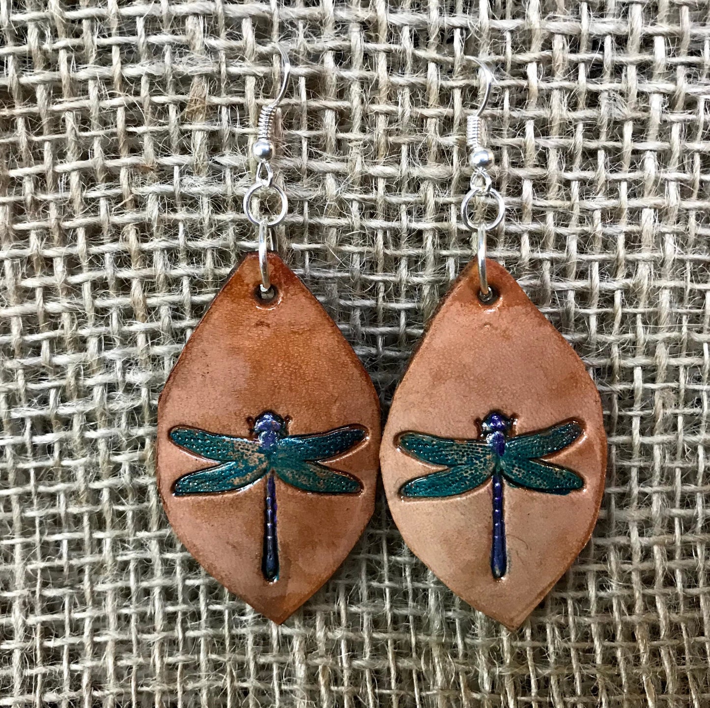 Hand tooled Leather Dragonfly drop earrings / Willow Moon