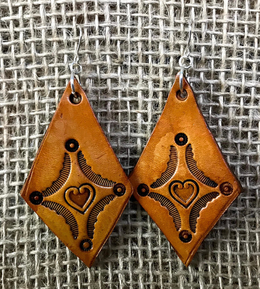 Hand tooled Leather heart drop earrings
