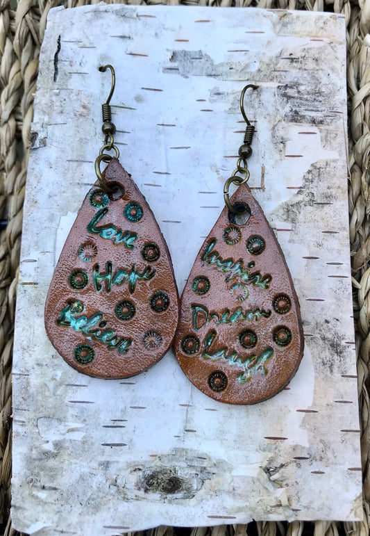 Hand tooled Leather inspiration earrings, love, believe, dream, joy