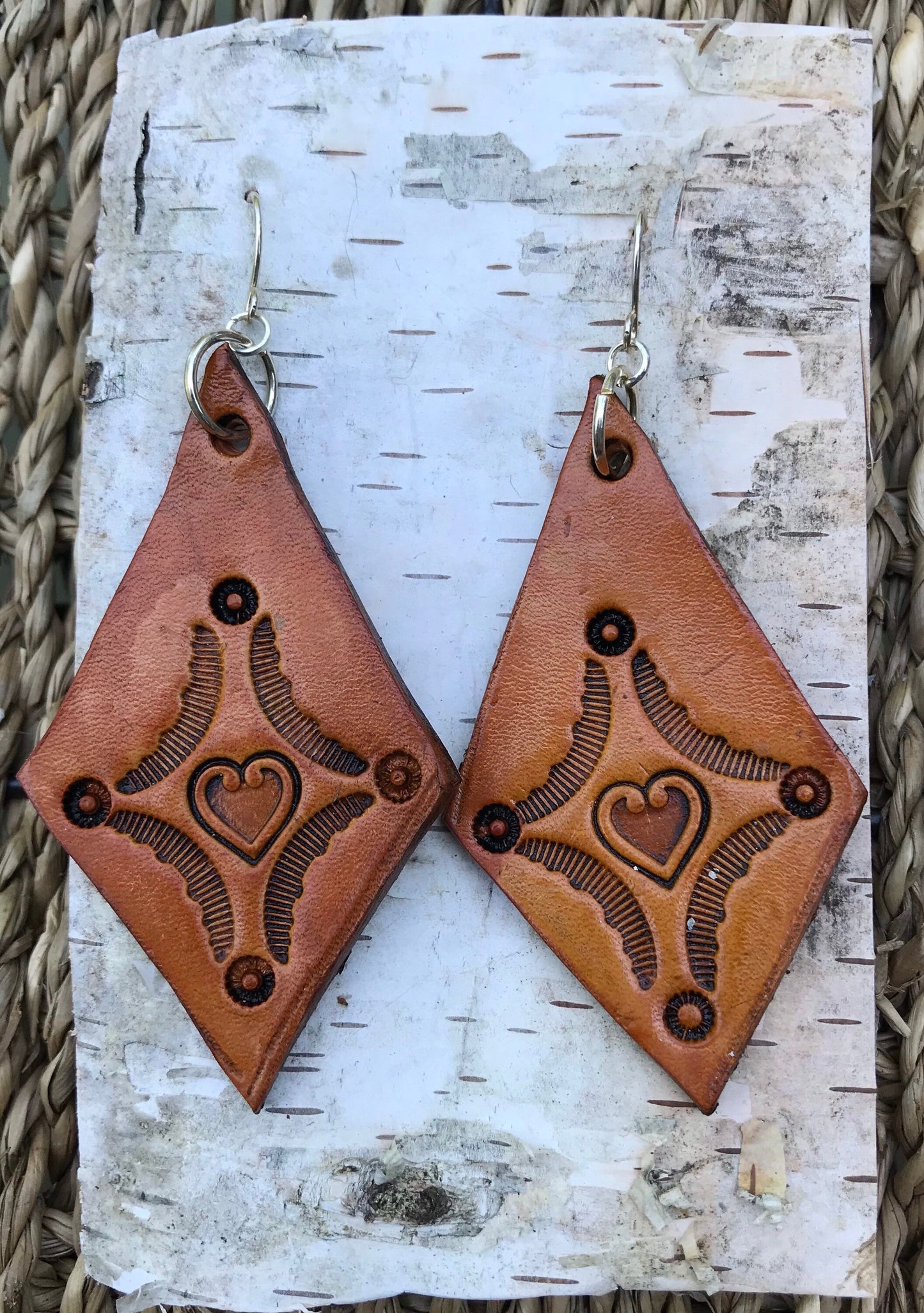 Hand tooled Leather heart drop earrings