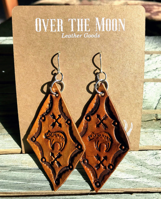 Hand tooled Leather earrings ~ Willow Moon