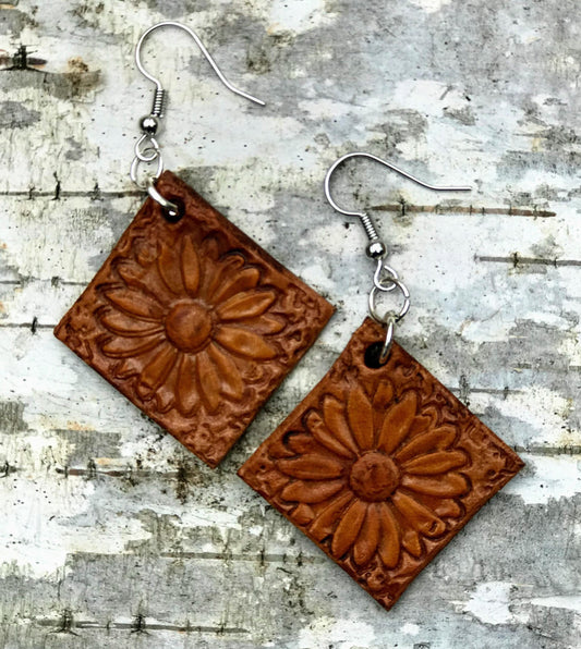 Hand tooled Leather Sunflower earrings / Willow Moon