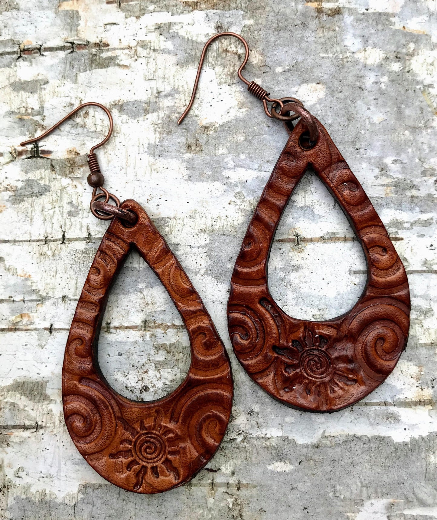 Hand tooled Leather Spiral Sun drop Earrings / Willow Moon
