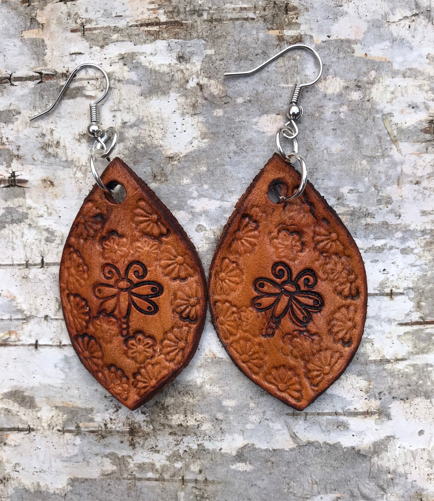 Hand tooled Leather Dragonfly drop earrings / Willow Moon