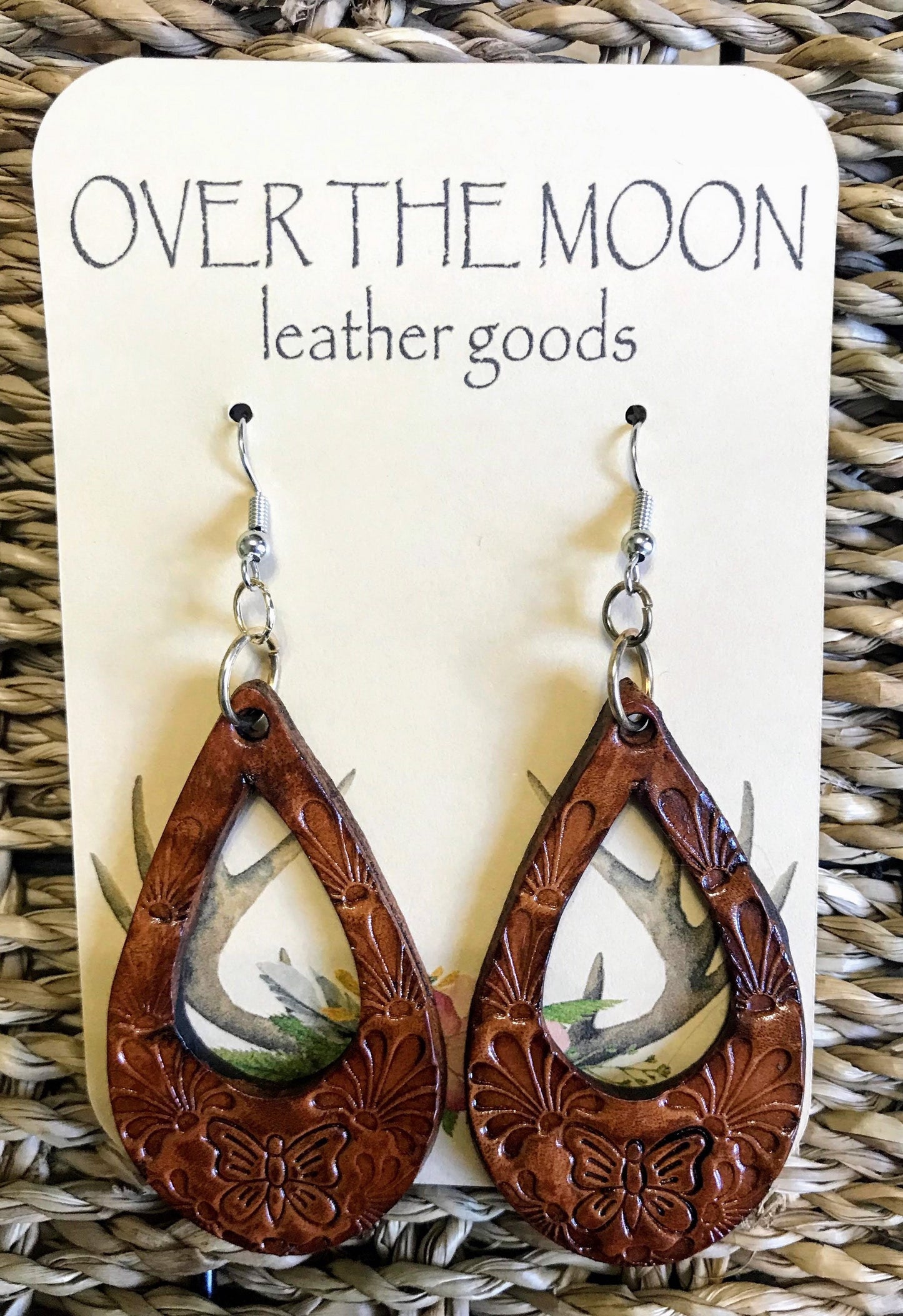 Hand tooled Leather butterfly drop boho  earrings / Willow Moon
