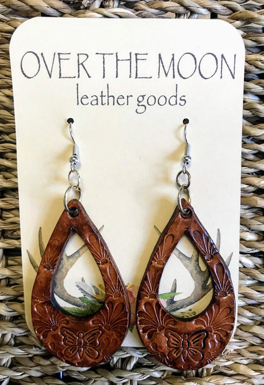 Hand tooled Leather butterfly drop boho earrings / Willow Moon