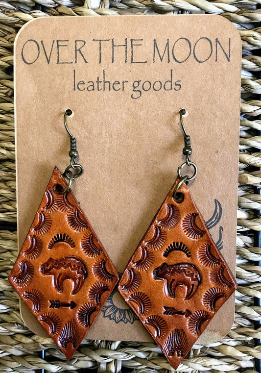 Hand tooled Bear & Arrow Leather drop earrings /Willow Moon