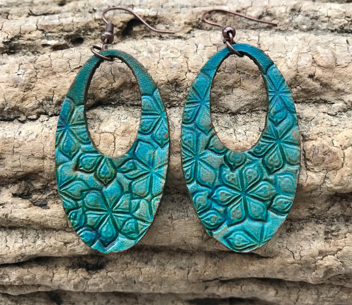 Hand tooled leather earrings, lightweight