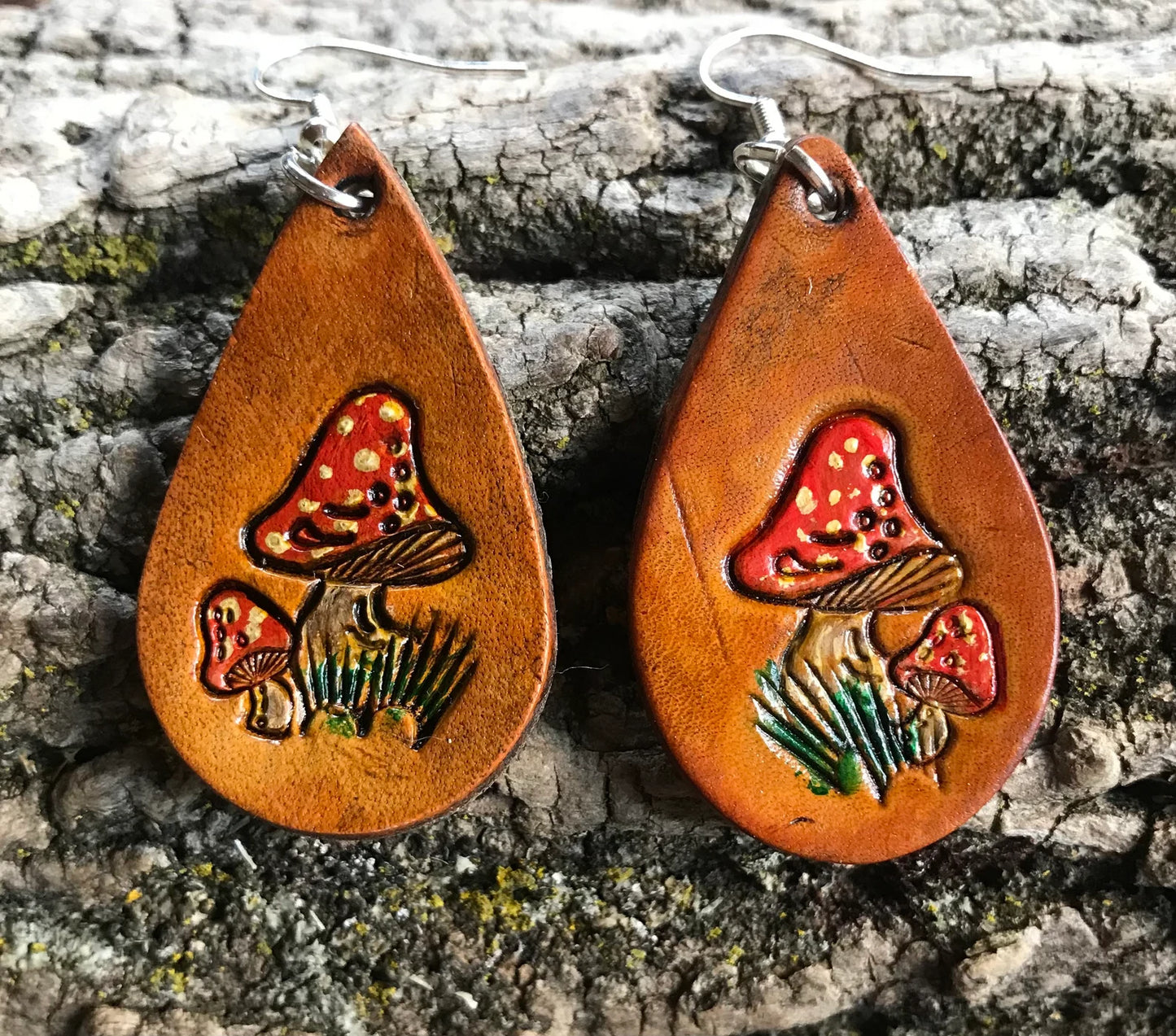 Hand tooled Leather mushroom drop earrings, hand painted
