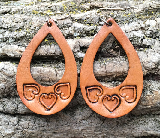 Hand tooled leather heart earrings