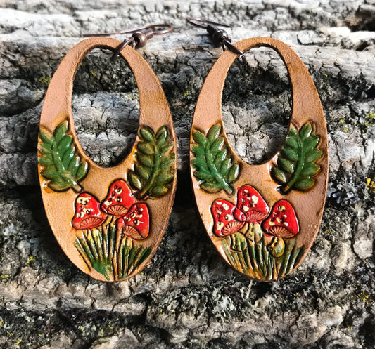 Hand tooled leather mushroom earrings, hand painted, lightweight earrings, amanita mushroom