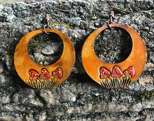 Hand tooled Leather mushroom drop earrings, hand painted
