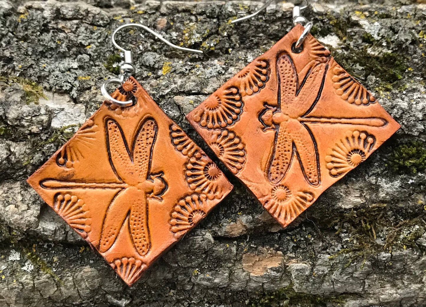 Hand tooled leather dragonfly earrings
