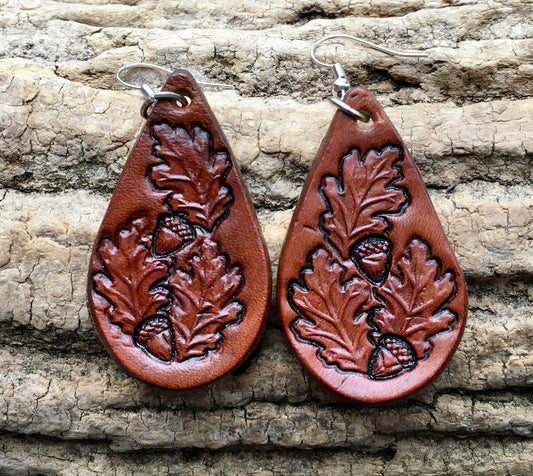 Hand tooled leather earrings Oak & Acorns